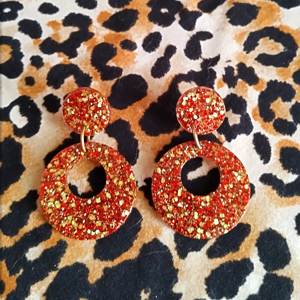 ❣️💛Red & Gold Glitter Sparkle Hoop Earrings Retro inspired/Rockabilly/PinUp